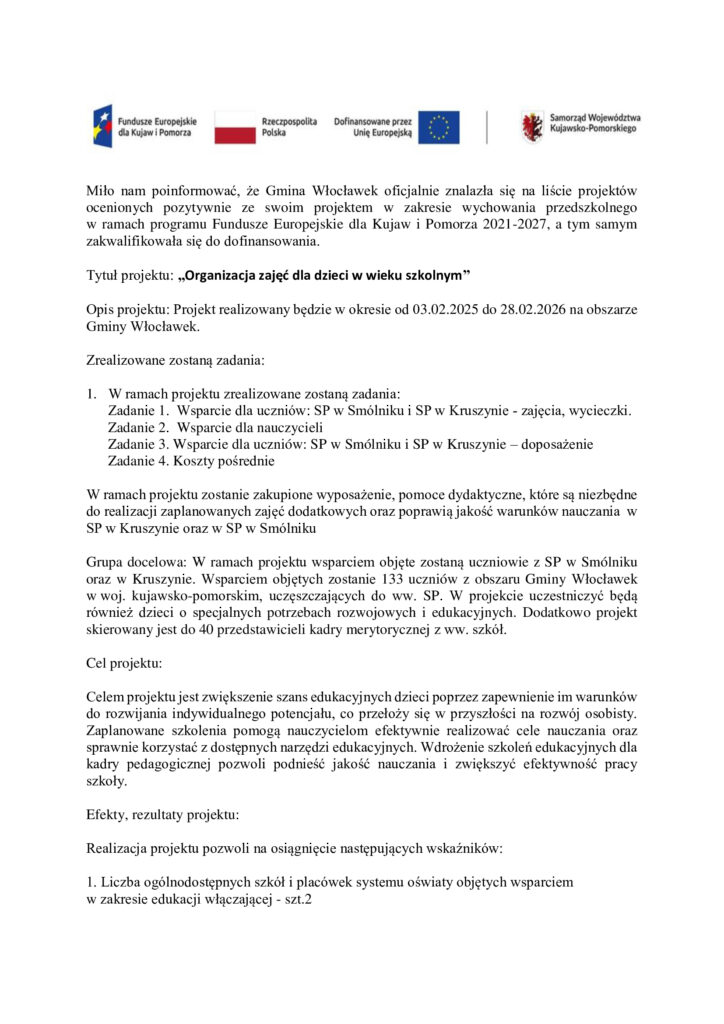 Informacje dotyczące realizacji projektu